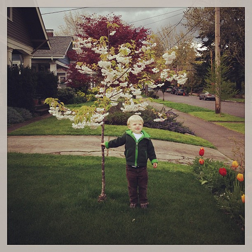 Proudly standing by the blooming cherry tree that we planted the year he was born. It's Trues tree;) #trueelioorlando