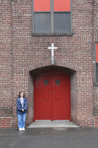 At the side door entrance of Sacred Heart School. Copyright James Hrkach