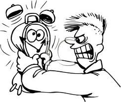 cartoon of a man choking an alarm clock 