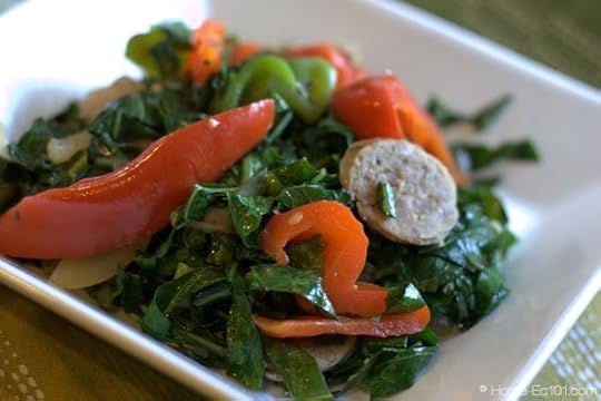 Collard greens, bell peppers, Italian sausage