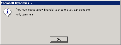 Financial Year End Closing - You must set up a new financial year before you can close the only open year.