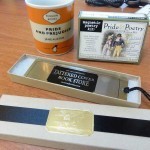 Coffee cup, magnetic poetry, bookmark
