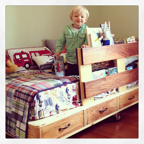 So Mr. True has been sleeping in his "big boy bed" that his Grandpa made him for about a week. Best part? He still wakes up at 7ish but instead of calling out for us, he settles in for a solid 30 mins or longer and reads the books that are sitting inside 