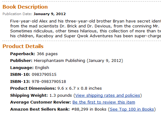 Screen Shot of Amazon's Bestseller Rating for Raceboy and Super Qwok Adventures