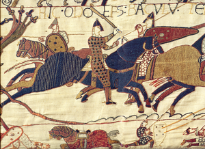 A detail from the Bayeux Tapestry illustrating...