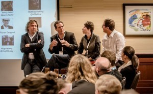 Half the panel in our Frankfurt Academy Self-Publishing and the Industry town-hall session: From left, Amazon's Jon Fine, Silo Saga author Hugh Howey, Nelson Literary's Kristin Nelson, and Curtis Brown's Jonny Geller. Photo: Bernd Hartung, provided by Frankfurt Book Fair.
