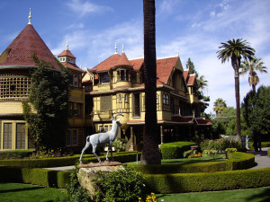 Winchester Mystery House, from front left, and gardens