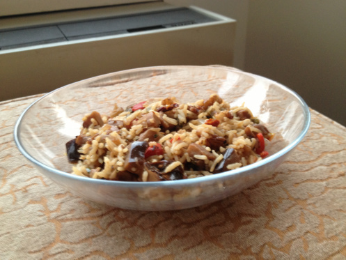 vegan dirty rice with eggplant, walnuts, and jalapeños