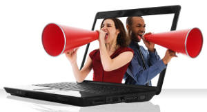 image of people using megaphones coming out of a laptop screen