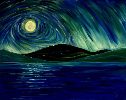 'Full Moon with Aurora Borealis over Strait' by Brush 22