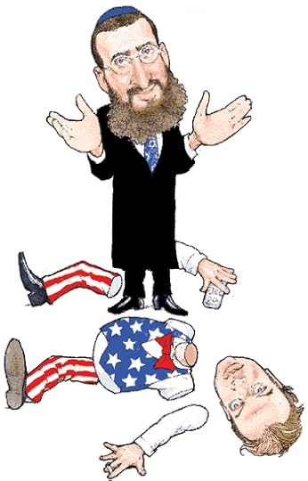 Hitchens with Rabbi Schmuly Boteach, illustration for New York Observer, 2008.