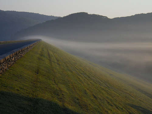 mist pouring over the dam