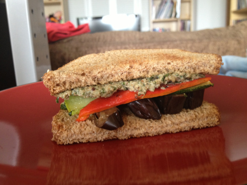 pesto, eggplant, zucchini, and grilled peppers sandwich