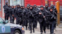 Heavily armed police squad on the streets of Boston