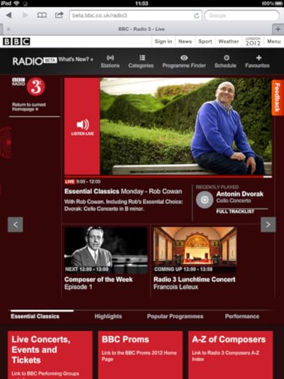 Radio3 homepage on iPad in portrait - showing how content boxes rearrange to suite the orientation, from a column on the right hand side to a row on the bottom.