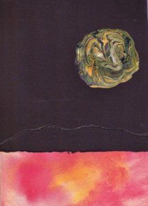 Earth-rise from Mars. Poured acrylic on Archest Cover and watercolor pencils on watercolor paper