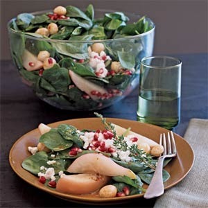 Poached Pear, Macadamia, and Spinach Salad with Goat Cheese Recipe