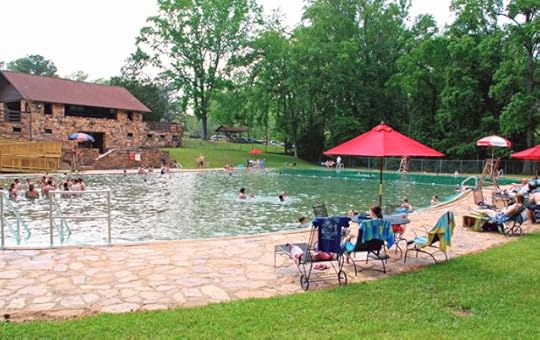 Liberty Bell pool is made from local fieldstone and is in the shape of a huge liberty bell that can be viewed from the balcony above. The water is from mountain fed streams and is ice cold. There are picnic tables and pavilions near the pool and several playgrounds where we played as children.