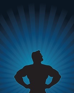 Outline of a male superhero on a blue background with rays