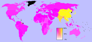 Map showing the prevalence of Abrahamic (pink)...