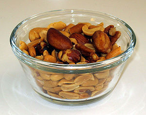 Small bowl of mixed nuts displaying large nuts...