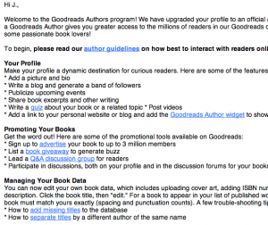 Welcome letter from Goodreads