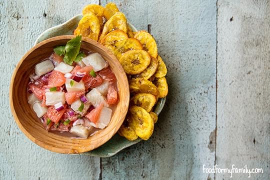 Grapefruit Halibut Ceviche and Plantain Chips #recipe via FoodforMyFamily.com