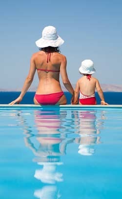 Mommy and baby girl in bikinis with their backs to the camera, sitting on the edge of a pool.
