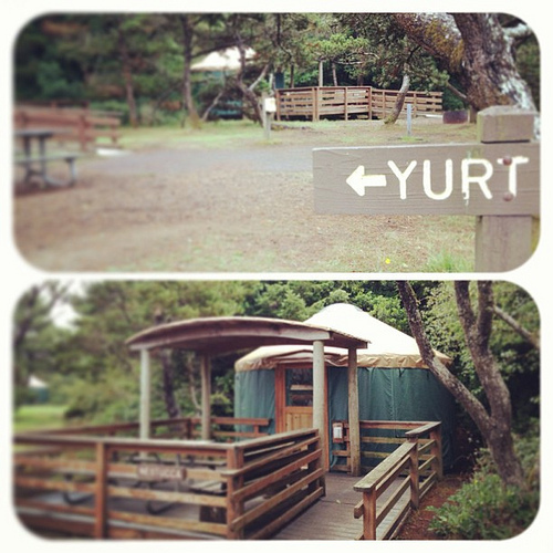 Our home for the night. Hello #oregoncoast #yurt! Left home a few hours ago and I have a small case of monkey mind. Hoping I can ease into #vacationmode soon. #familyroadtrip #oregonstyle