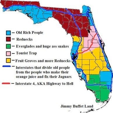 You know you're a Floridian if.... Socks are only for bowling. You never use an umbrella because the rain will be over in five minutes. A good parking place has nothing to do with distance from the store, but everything to do with shade. Your winter coat is made of denim. You can tell the difference between fire ant bites and mosquito bites. You're younger than thirty but some of your friends are over 65. Anything under 70 degrees is chilly. You've driven through Yeehaw Junction. You know that no other grocery store can compare to Publix. You know that anything under a Category 3 just isn't worth waking up for. You dread love bug season. You are on a first name basis with the hurricane list. They aren't Hurricane Charley or Hurricane Frances. You know them as Andrew, Charley, Frances, Ivan, Jeanne, Wilma, Irene, Cheryl, Rita, Mary, Alison You know what a snowbird is and when they'll leave. You think a six-foot alligator is actually pretty average. 'Down South' means Key West. Flip-flops are everyday wear. Shoes are for business meetings and church, but you HAVE worn flip flops to church before. You have a drawer full of bathing suits, and one sweatshirt. You get annoyed at the tourists who feed seagulls. A mountain is any hill 100 feet above sea level. You know the four seasons really are: hurricane season, love bug season, tourist season and summer. You've hosted a hurricane party. You can pronounce Okeechobee, Kissimmee , Withlacoochee , Thonotosassa and Micanopy. You understand why it's better to have a friend with a boat, than have a boat yourself. You were 25 when you first met someone who couldn't swim. You've worn shorts and used the A/C on Christmas and New Years. You recognize Miami-Dade as 'Northern Cuba.' You not only forward this but you understand it.