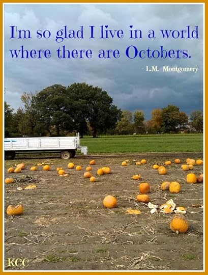 Fall Quote by L.M. Montgomery with Pumpkin Patch October Hayride Meme for Facebook or Pinterest.