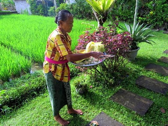 Balinese woman with offerings in the rice fields