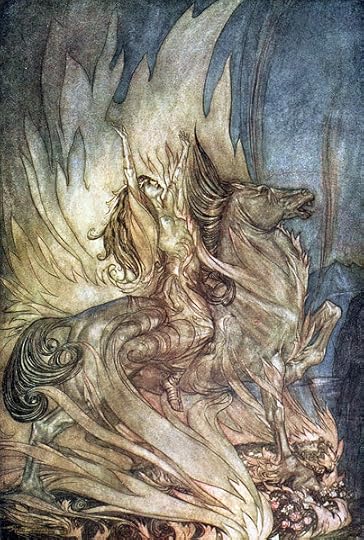 Brünnhilde on the horse Grane rides onto Siegfried’s funeral pyre.