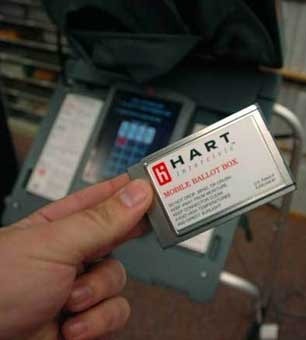 A mobile ballot box by Hart InterCivic. Hart's machines are infamous for mechanical failures, glitches, counting errors and other timely problems.