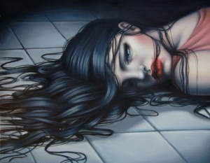 A-sexy-and-macabre-painting-of-a-girl-lying-dead-on-a-tiled-floor-by-sarah-Joncas-643x500