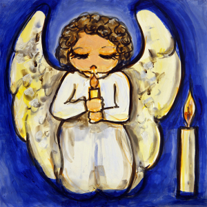 Illustration of an angel praying by candlelight.