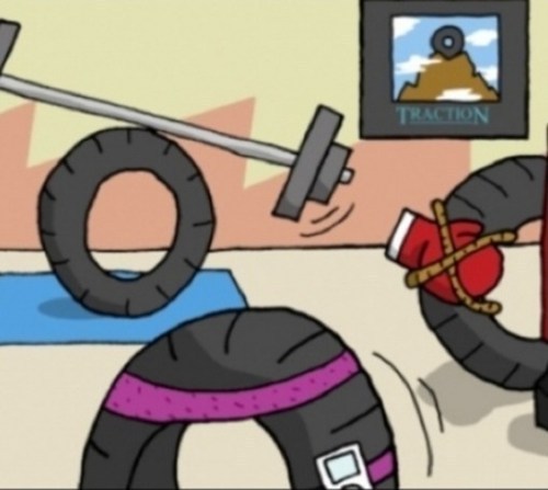 Cartoon of a bunch of wheels exercising..Training Wheels