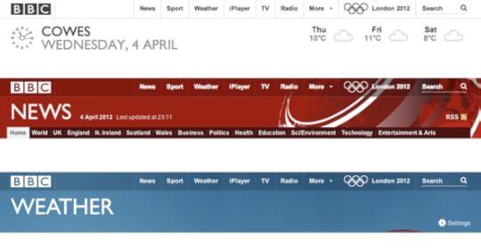 Toolbars for the homepage, BBC News, and BBC Weather, showing different shading