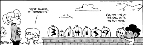 Cartoon of a bunch of pumpkins carved and placed to spell out pi 3.14...