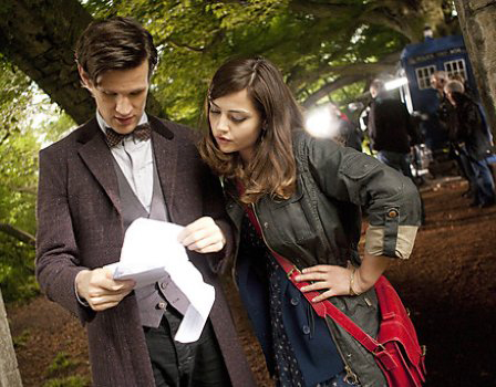 Matt Smith and Jenna-Louise Coleman prepare to shoot scenes in Doctor Who