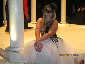 Decked out in harlequin style finery. The mask left indentions in my face. 