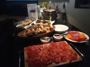 The spread included gravlax (Akemi made - salmon cured with salt, brown sugar, sasho, dill, vodka, and metaxa), bagels, cream cheese, olives, Rob's seafood gumbo, and various desserts.