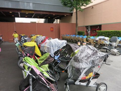 Stroller parking area at Disney's Hollywood Studios, near Toy Story Mania. Cast members will rearrange stroller to keep the area organized