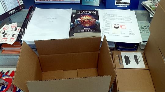 Last minute photo of beta reader packs taken at post office 