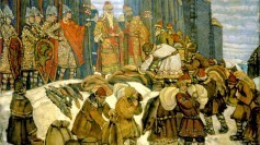 Poliudie by Nicholas Roerich: a painting of people paying tribute to the Kievian Rus