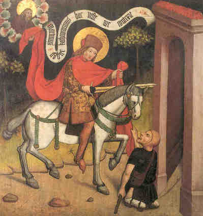 Martin of Tours meets the beggar and is blessed by Christ because he gave the beggar 1/2 of his cloak.