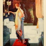 Another early 1920s ad for a bathroom that may be tiny, but it looks elegant with its iridescent dark tile work and red carpet.