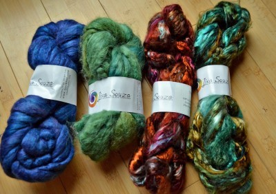 From left: cashmere/silk, alpaca/silk and tencel in two colors.