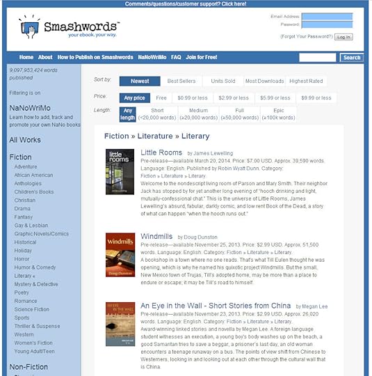 Part of the literary fiction listings page at Smashwords.