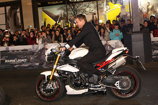 Jeremy Renner arrives by motorbike at the Sydney